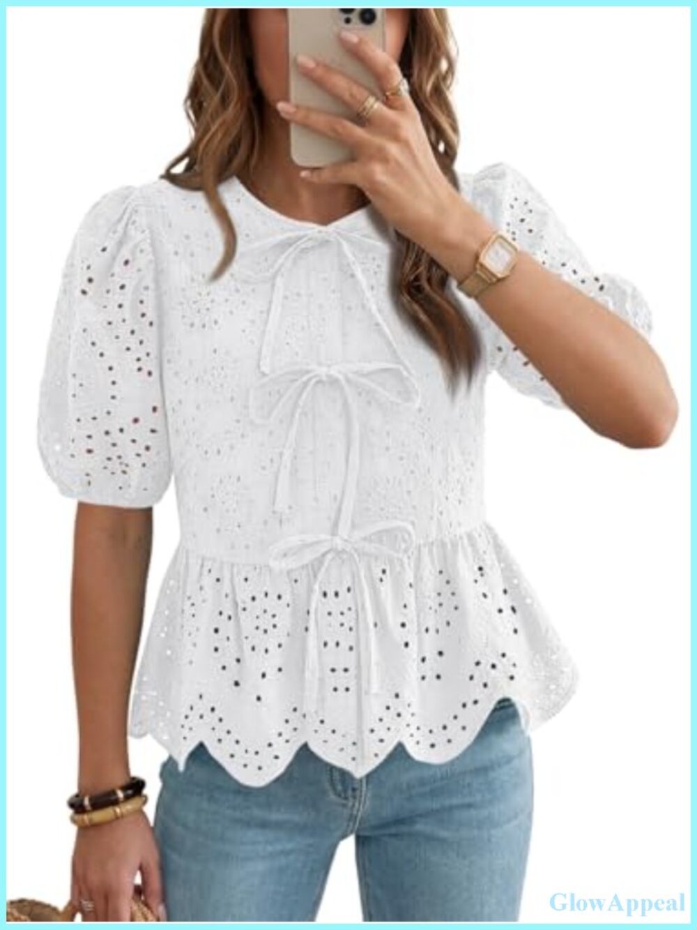 Embroidered Peplum Blouse Three Front Ties Puff Sleeves Cotton